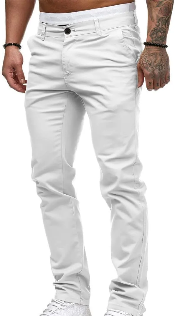 LAWOR Men's Straight Leg Trousers Stretchy Summer Long Pants Solid Color Slim Fit Pants Button Zipper Trendy Trousers