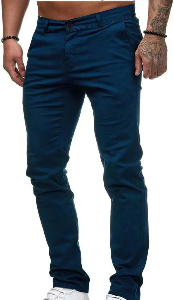 LAWOR Men's Straight Leg Trousers Stretchy Summer Long Pants Solid Color Slim Fit Pants Button Zipper Trendy Trousers