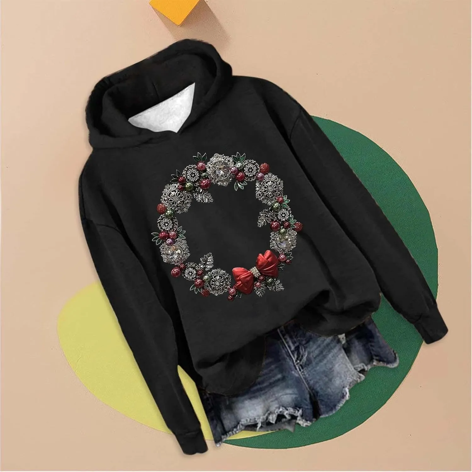 LCMTWX Women's Graphic Hoodies Color Crew Neck Sleeved Christmas Print Hoodie Midweight Long Sleeve Hoodie For Women Hoodie F