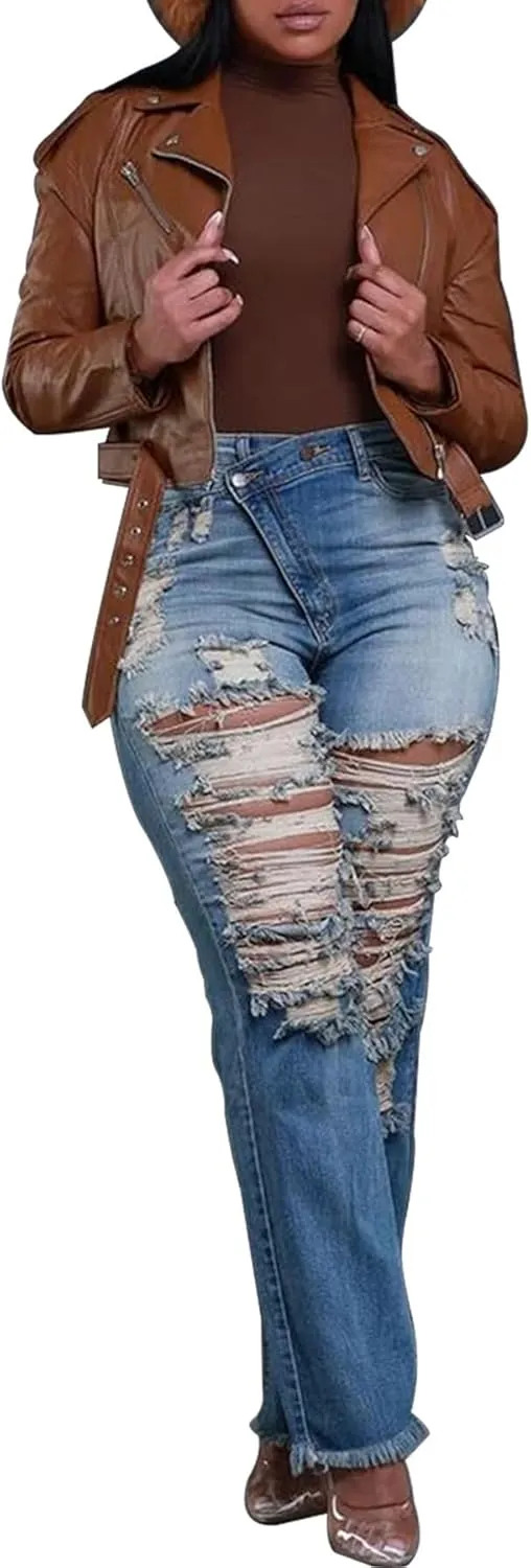LETSVDO Women's Skinny Ripped Jeans High Waisted Straight Leg Distressed Raw Asymmetrical Strechy Denim Pants