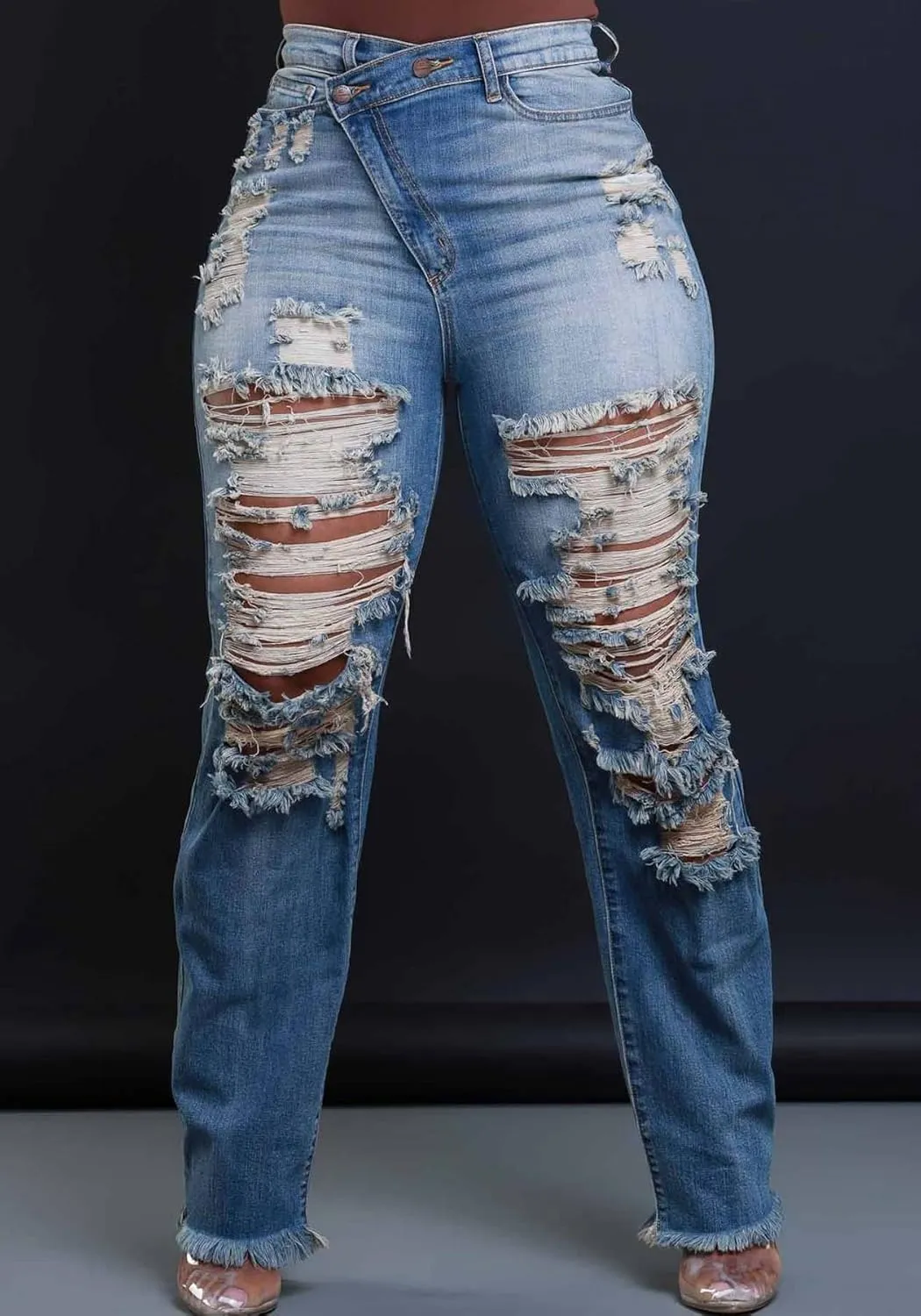 LETSVDO Women's Skinny Ripped Jeans High Waisted Straight Leg Distressed Raw Asymmetrical Strechy Denim Pants