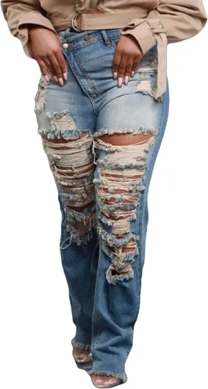 LETSVDO Women's Skinny Ripped Jeans High Waisted Straight Leg Distressed Raw Asymmetrical Strechy Denim Pants