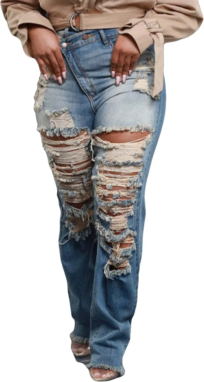 LETSVDO Women's Skinny Ripped Jeans High Waisted Straight Leg Distressed Raw Asymmetrical Strechy Denim Pants