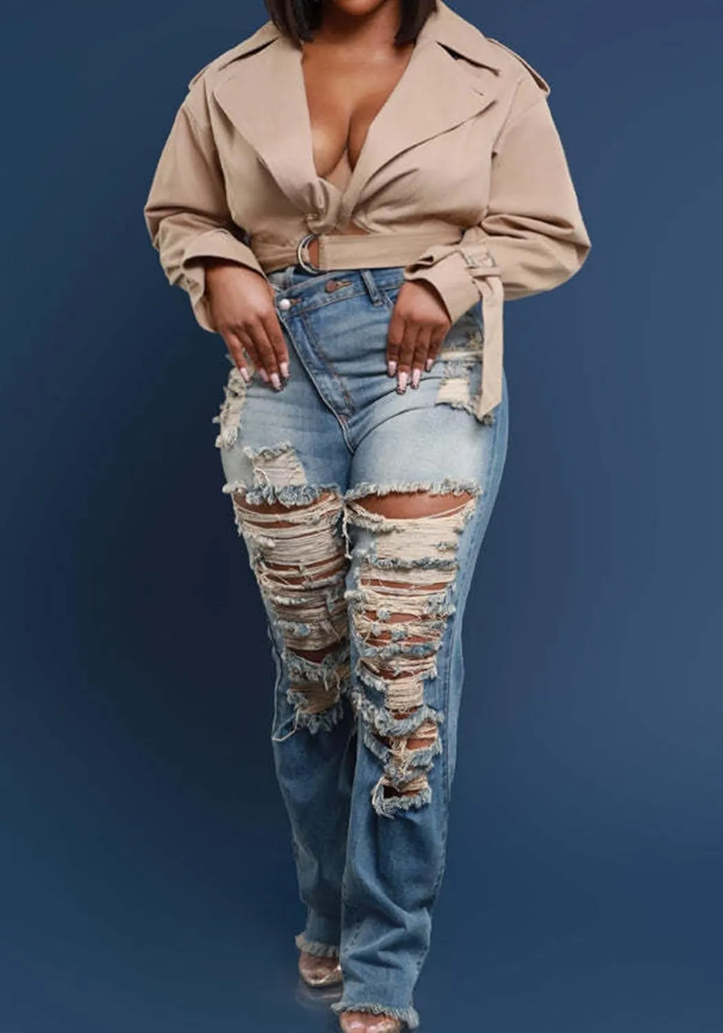LETSVDO Women's Skinny Ripped Jeans High Waisted Straight Leg Distressed Raw Asymmetrical Strechy Denim Pants