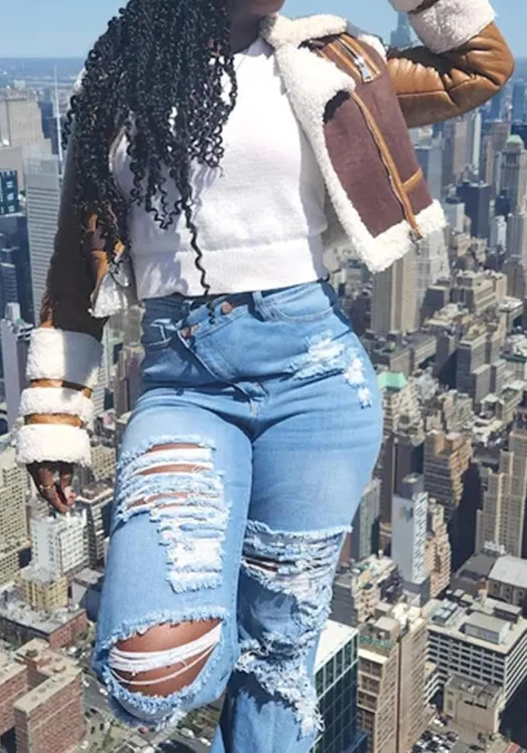 LETSVDO Women's Skinny Ripped Jeans High Waisted Straight Leg Distressed Raw Asymmetrical Strechy Denim Pants