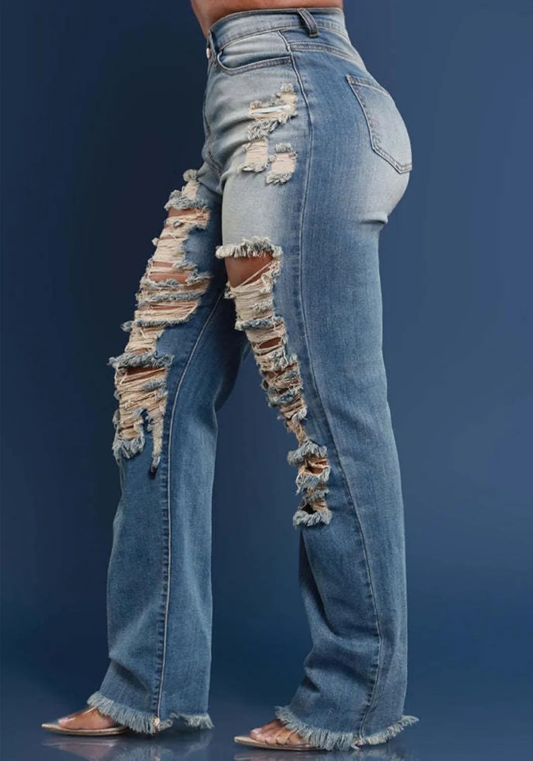 LETSVDO Women's Skinny Ripped Jeans High Waisted Straight Leg Distressed Raw Asymmetrical Strechy Denim Pants
