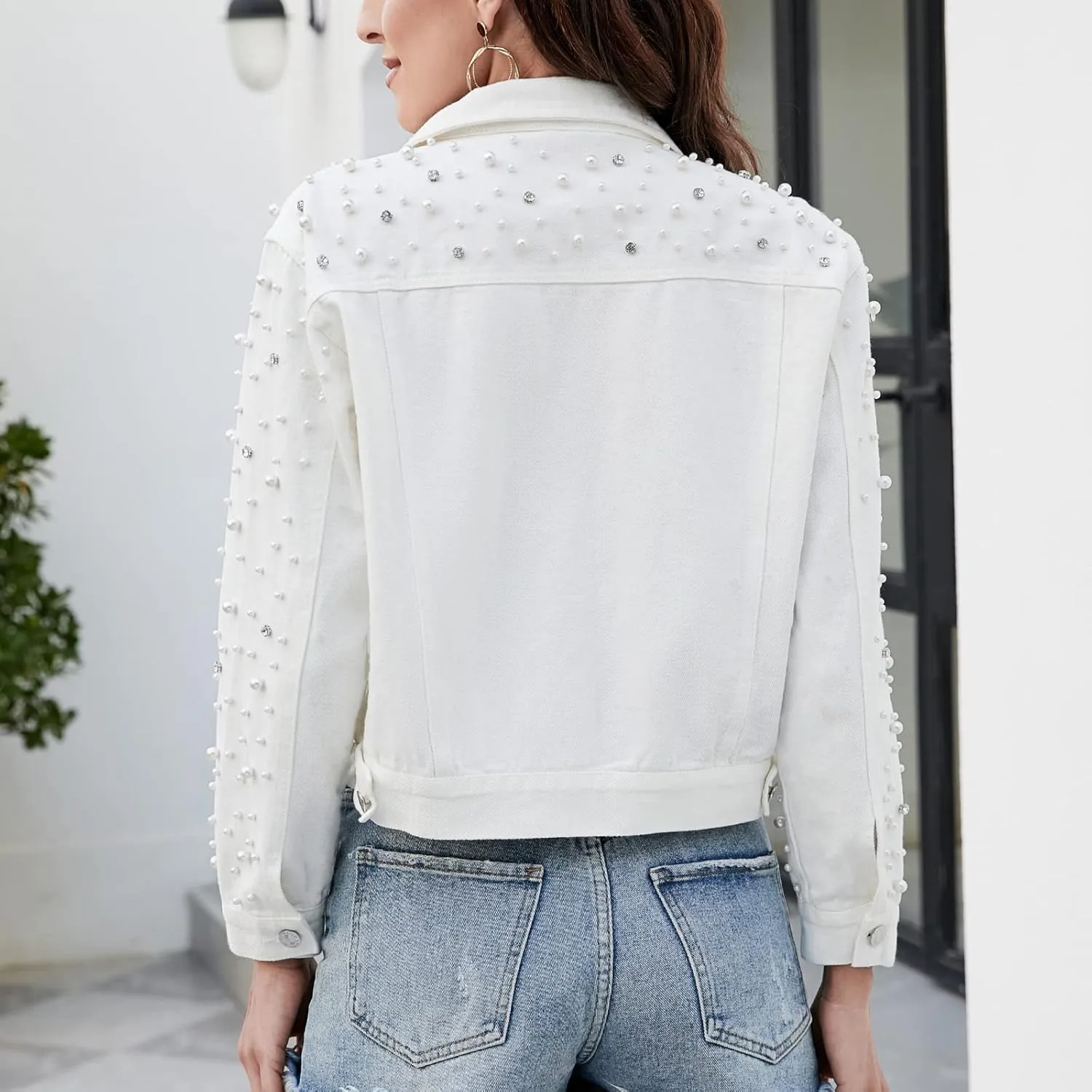 LifeShe Women's Pearls Denim Jacket Cropped Rhinestones Jean Jacket Coat