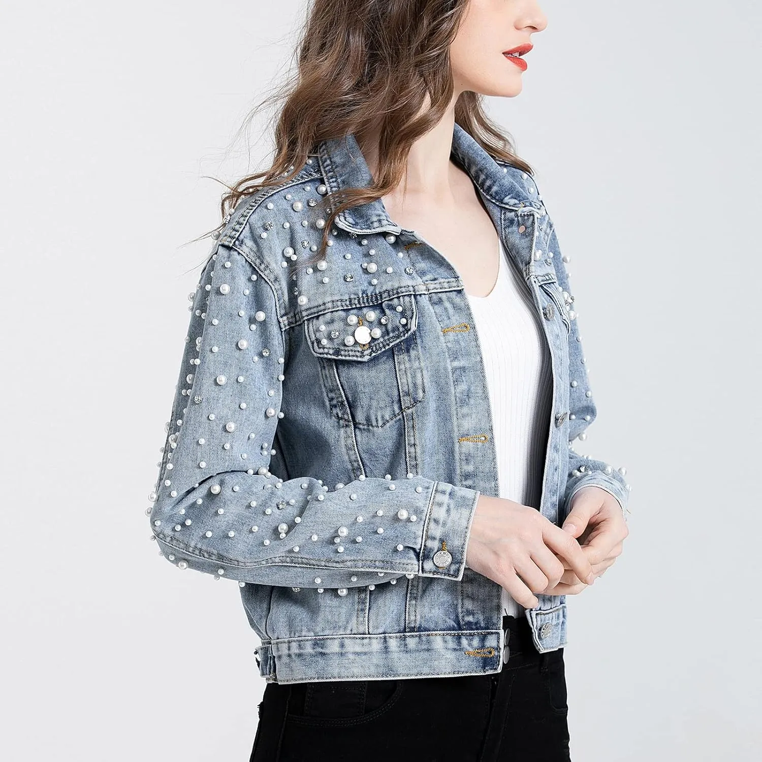 LifeShe Women's Pearls Denim Jacket Cropped Rhinestones Jean Jacket Coat