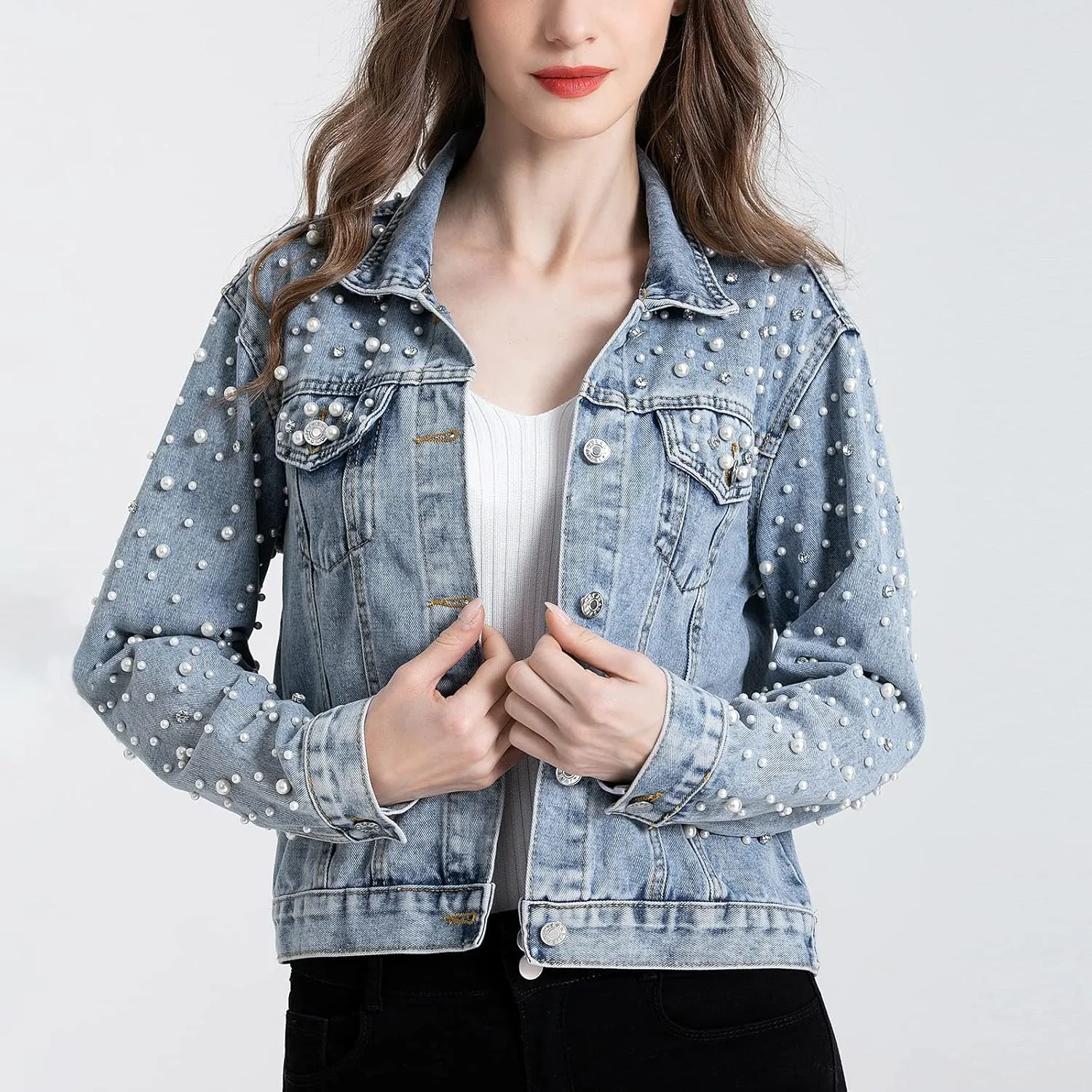LifeShe Women's Pearls Denim Jacket Cropped Rhinestones Jean Jacket Coat