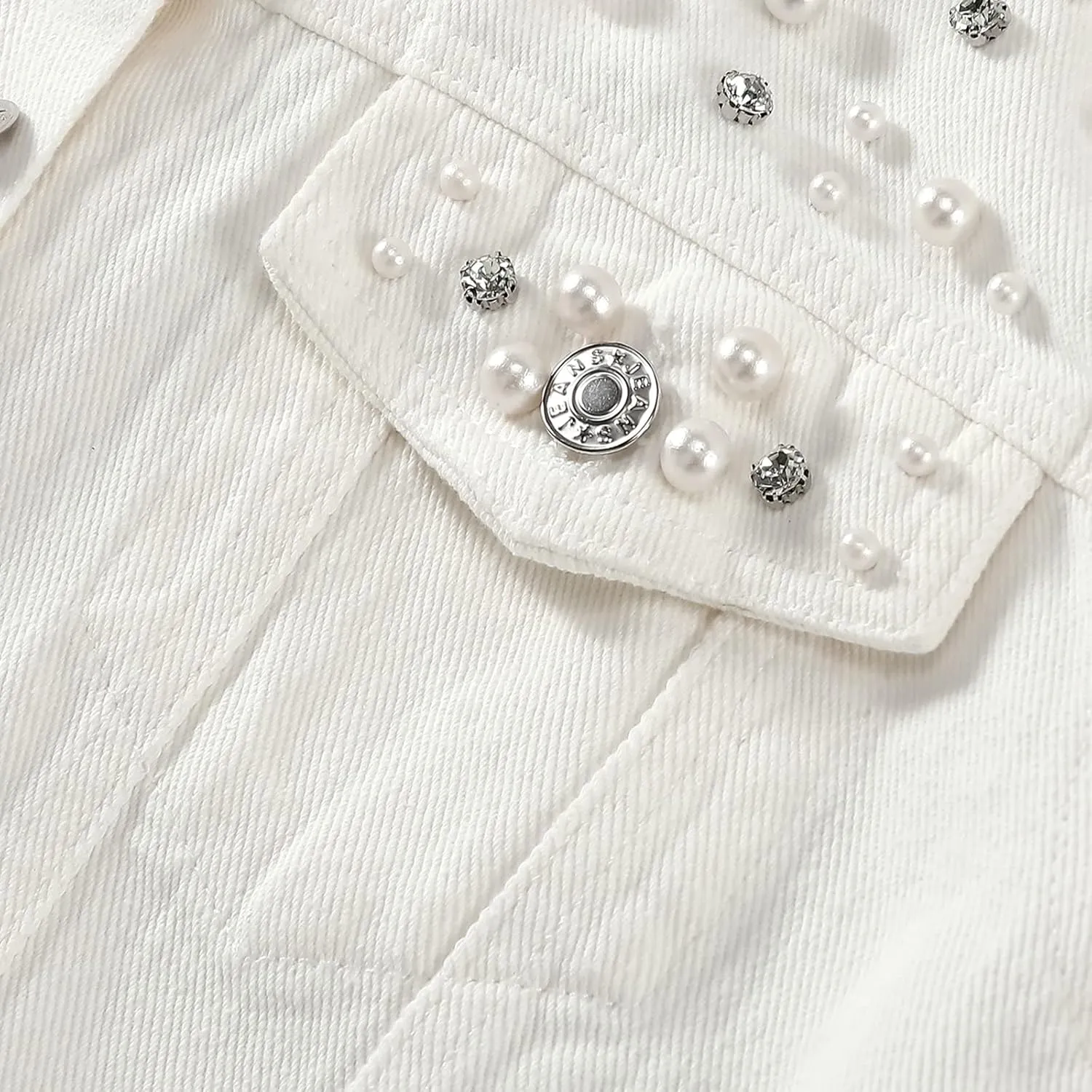 LifeShe Women's Pearls Denim Jacket Cropped Rhinestones Jean Jacket Coat