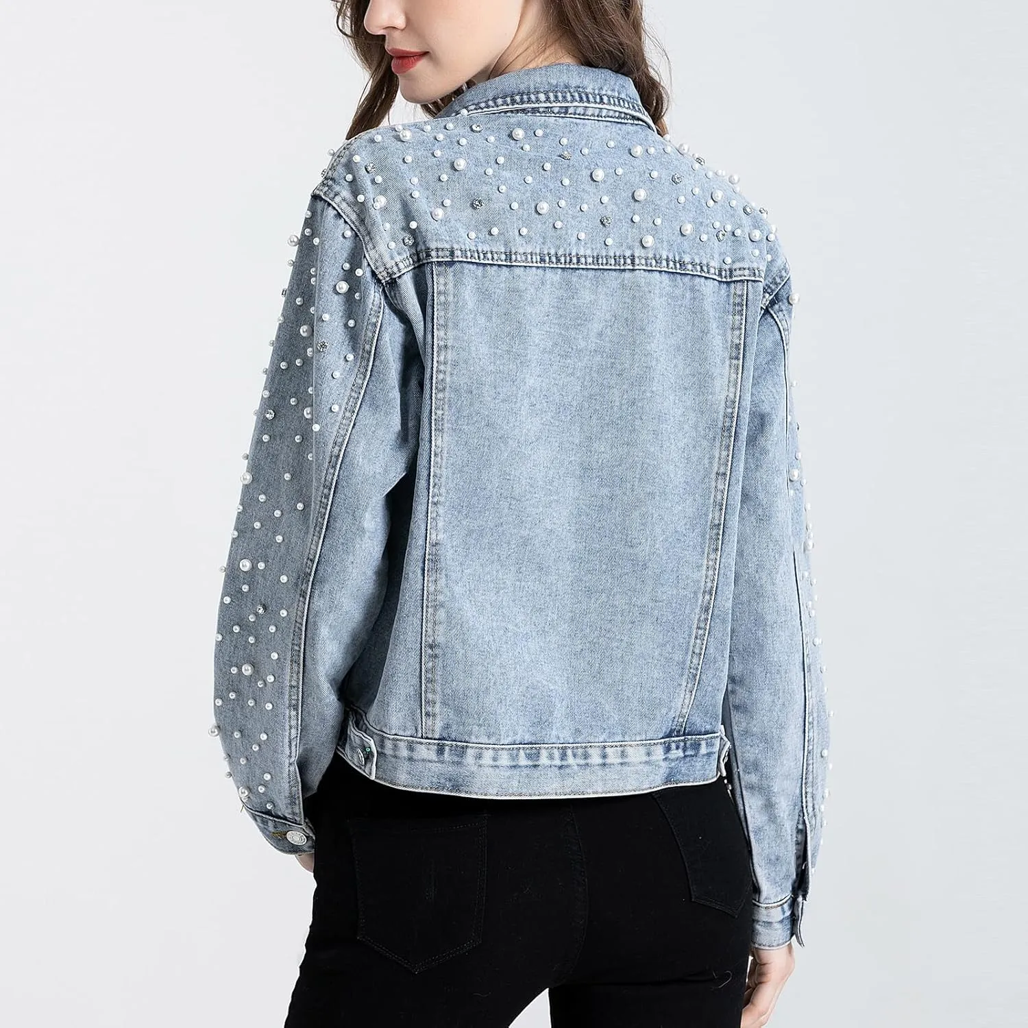 LifeShe Women's Pearls Denim Jacket Cropped Rhinestones Jean Jacket Coat