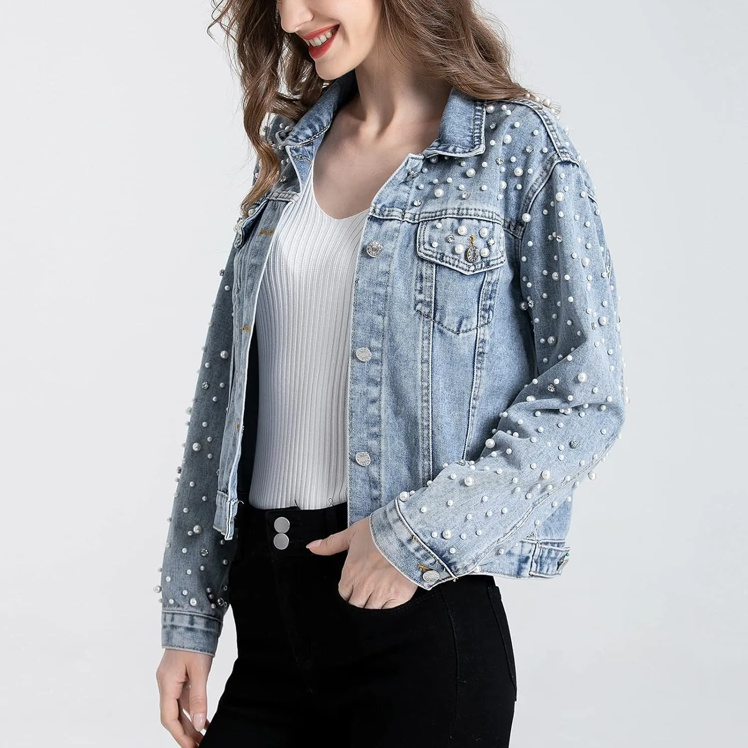 LifeShe Women's Pearls Denim Jacket Cropped Rhinestones Jean Jacket Coat