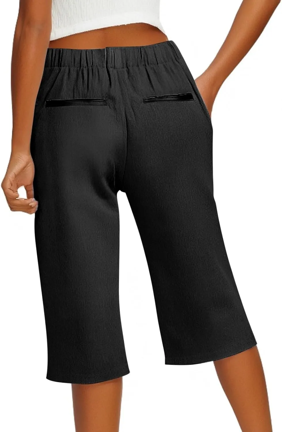 Linen Bermuda Shorts for Women Knee Length Lightweight Casual Capris Pants Ladies Summer Outfits with Pockets