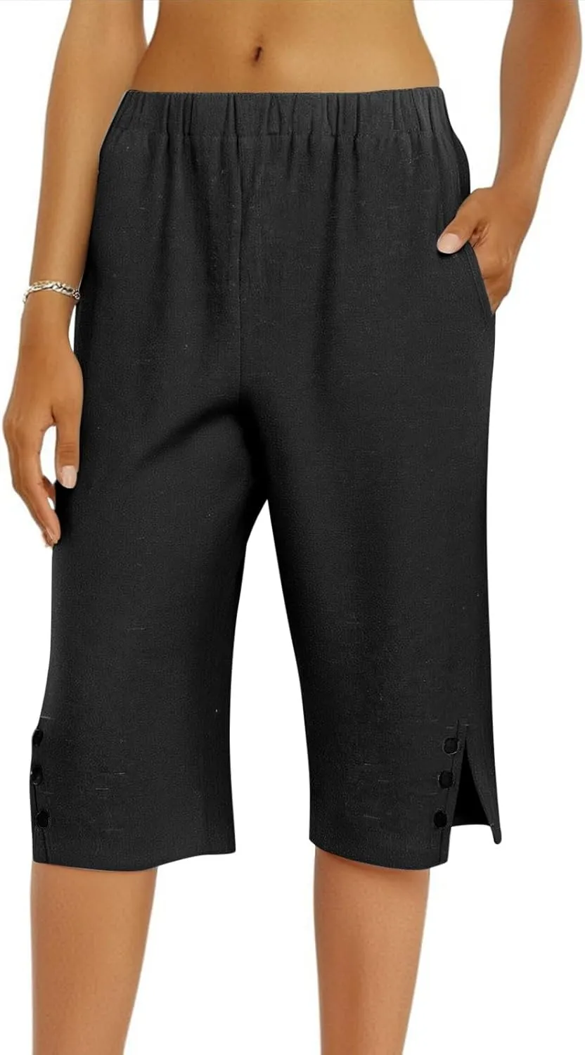 Linen Bermuda Shorts for Women Knee Length Lightweight Casual Capris Pants Ladies Summer Outfits with Pockets