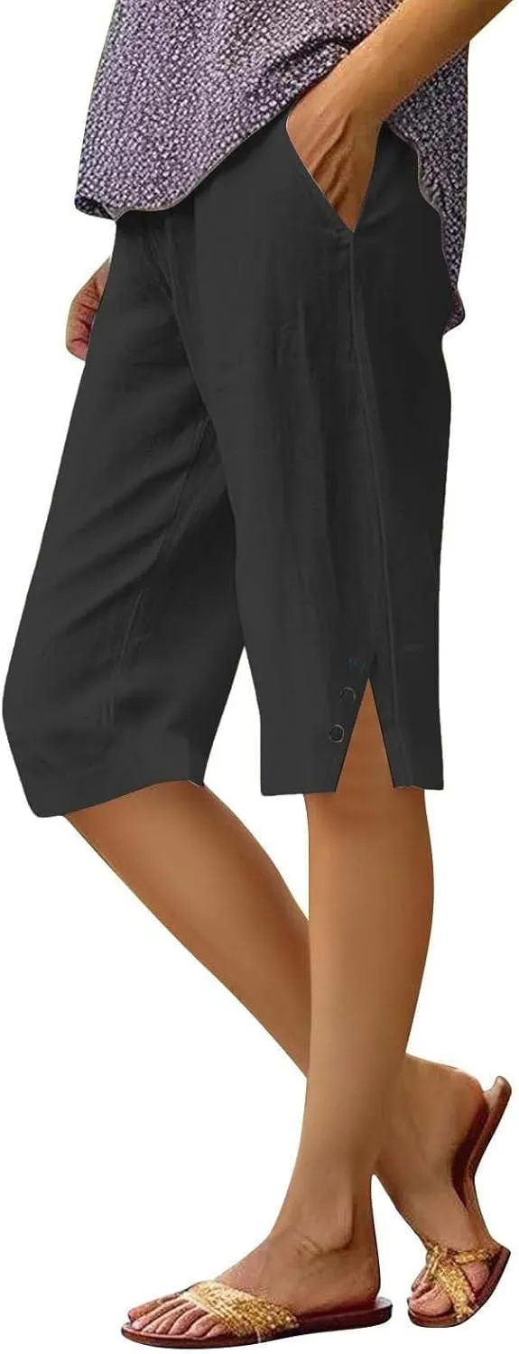 Linen Bermuda Shorts for Women Knee Length Lightweight Casual Capris Pants Ladies Summer Outfits with Pockets