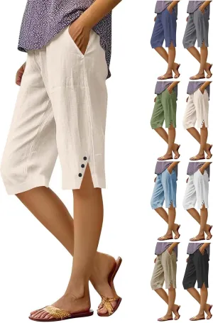 Linen Bermuda Shorts for Women Knee Length Lightweight Casual Capris Pants Ladies Summer Outfits with Pockets