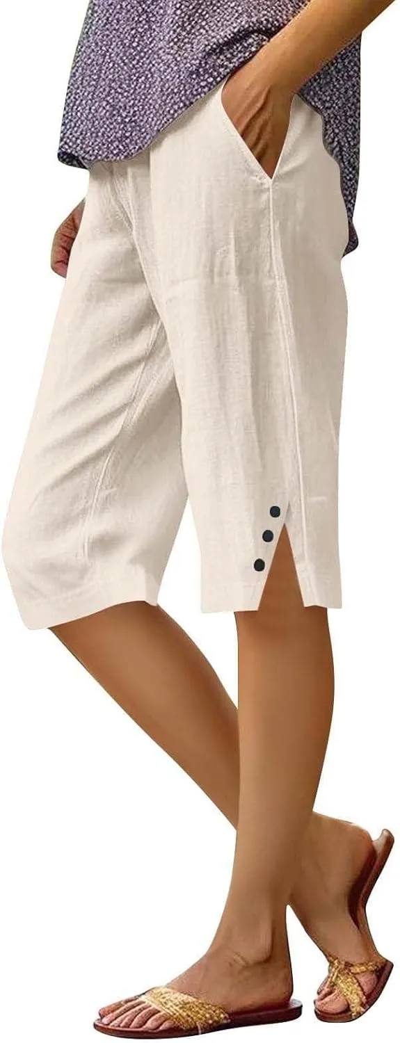 Linen Bermuda Shorts for Women Knee Length Lightweight Casual Capris Pants Ladies Summer Outfits with Pockets