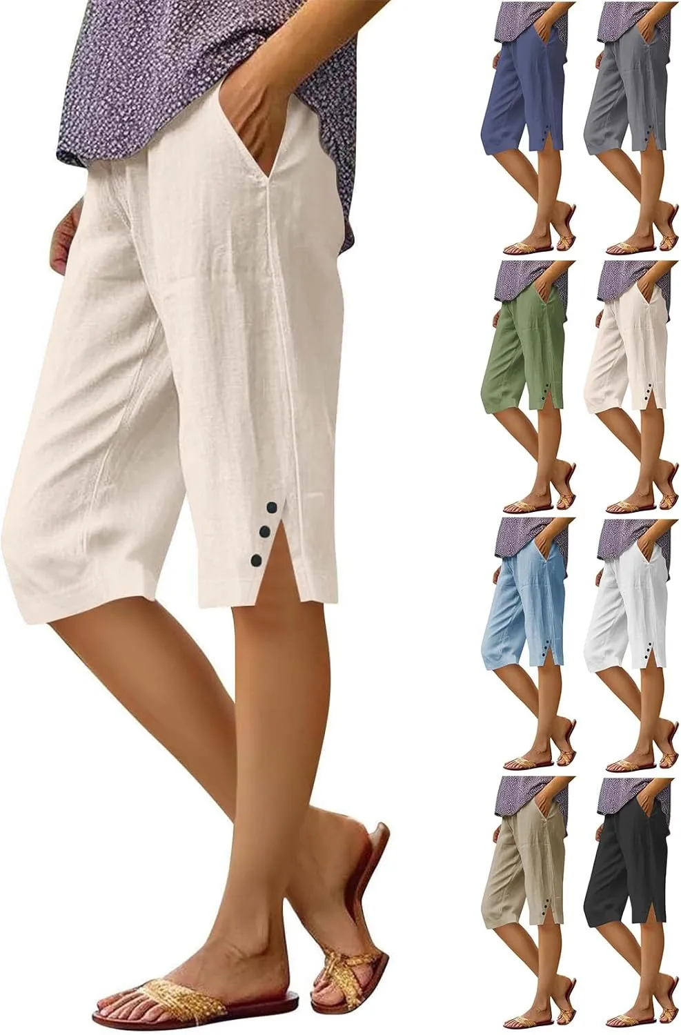Linen Bermuda Shorts for Women Knee Length Lightweight Casual Capris Pants Ladies Summer Outfits with Pockets