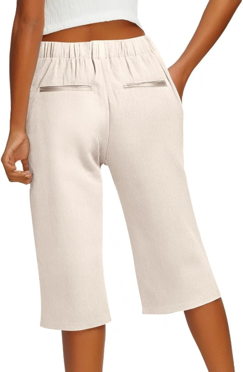 Linen Bermuda Shorts for Women Knee Length Lightweight Casual Capris Pants Ladies Summer Outfits with Pockets