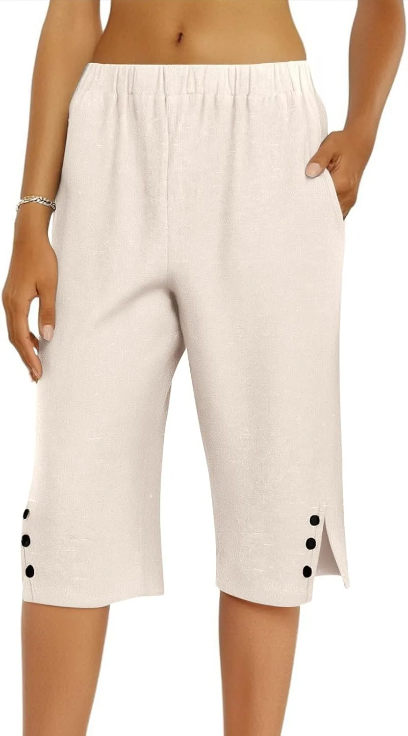 Linen Bermuda Shorts for Women Knee Length Lightweight Casual Capris Pants Ladies Summer Outfits with Pockets