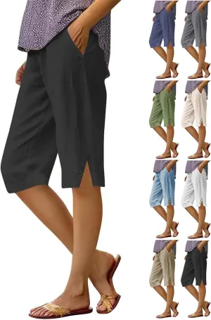 Linen Bermuda Shorts for Women Knee Length Lightweight Casual Capris Pants Ladies Summer Outfits with Pockets