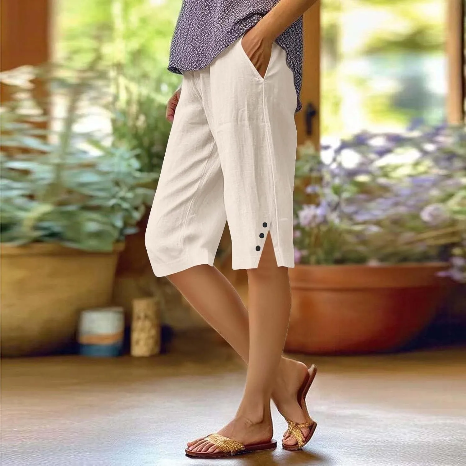 Linen Bermuda Shorts for Women Knee Length Lightweight Casual Capris Pants Ladies Summer Outfits with Pockets