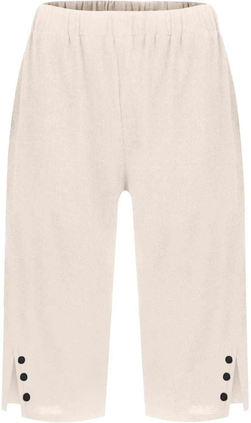 Linen Bermuda Shorts for Women Knee Length Lightweight Casual Capris Pants Ladies Summer Outfits with Pockets