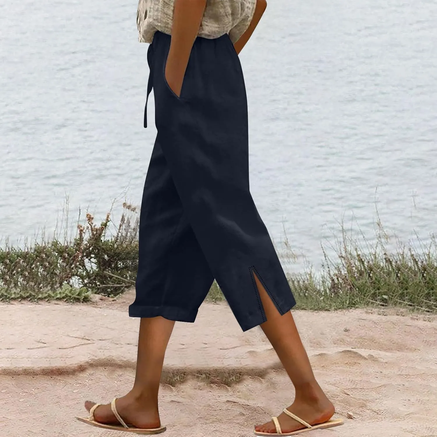 Linen Capri Pants for Women 2025 Summer Casual Slit Hem Trousers Loose Fit Plus Size Pant Drawstring with Pockets