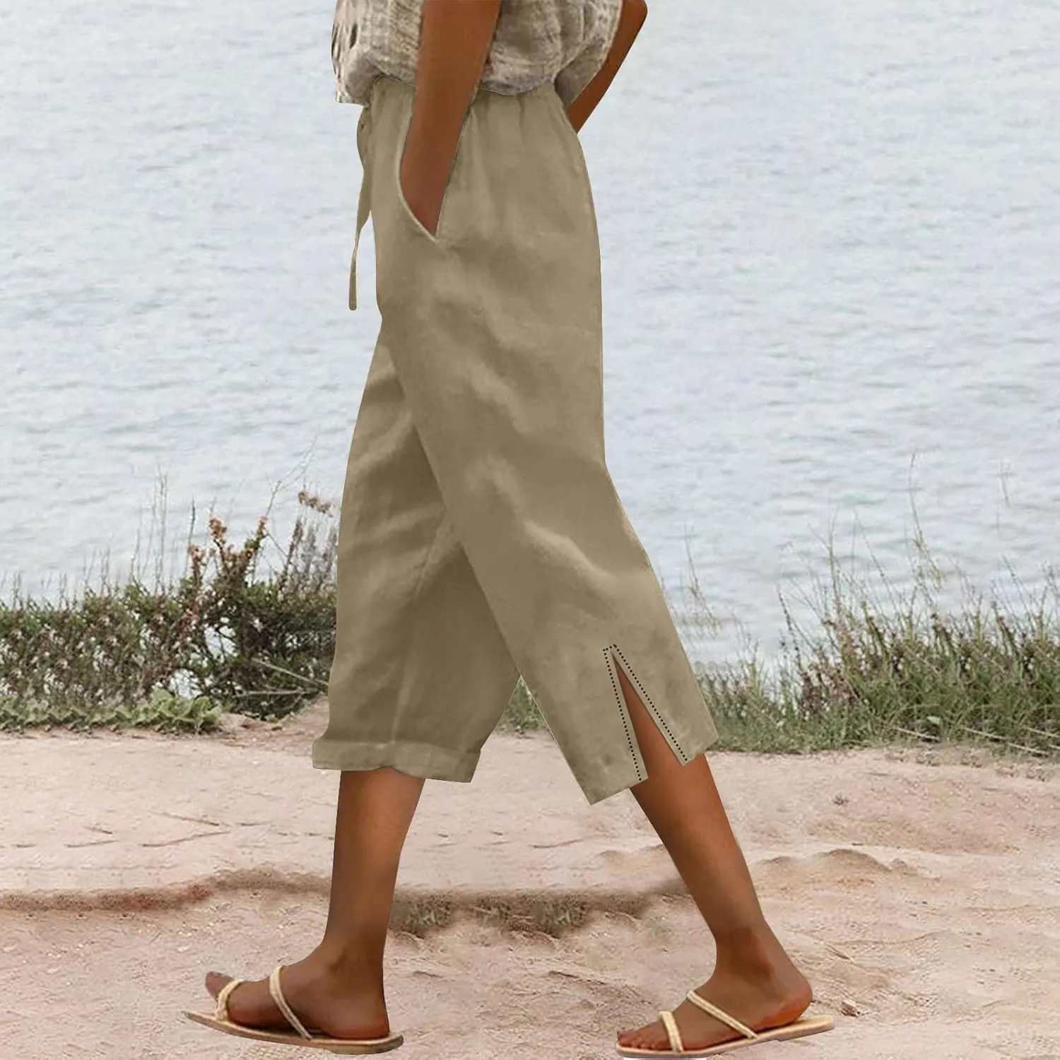 Linen Capri Pants for Women 2025 Summer Casual Slit Hem Trousers Loose Fit Plus Size Pant Drawstring with Pockets