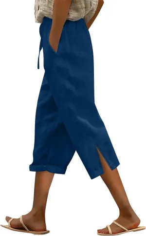 Linen Capri Pants for Women 2025 Summer Casual Slit Hem Trousers Loose Fit Plus Size Pant Drawstring with Pockets