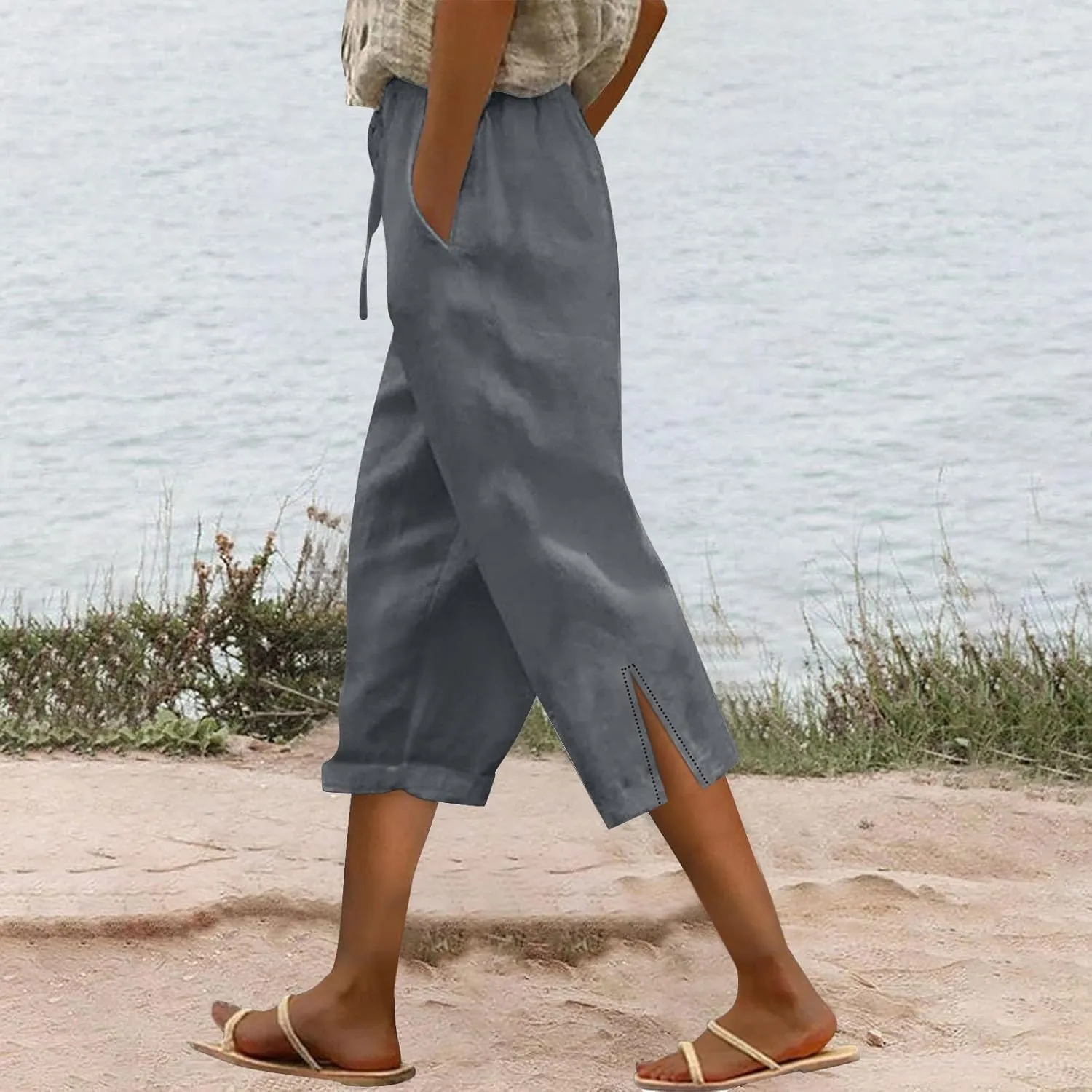 Linen Capri Pants for Women 2025 Summer Casual Slit Hem Trousers Loose Fit Plus Size Pant Drawstring with Pockets