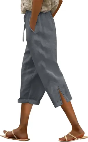 Linen Capri Pants for Women 2025 Summer Casual Slit Hem Trousers Loose Fit Plus Size Pant Drawstring with Pockets