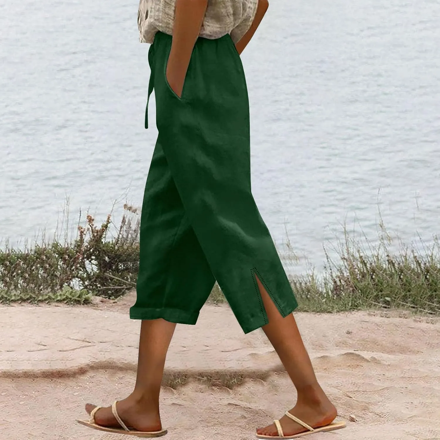 Linen Capri Pants for Women 2025 Summer Casual Slit Hem Trousers Loose Fit Plus Size Pant Drawstring with Pockets