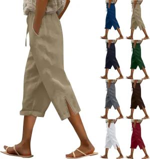 Linen Capri Pants for Women 2025 Summer Casual Slit Hem Trousers Loose Fit Plus Size Pant Drawstring with Pockets