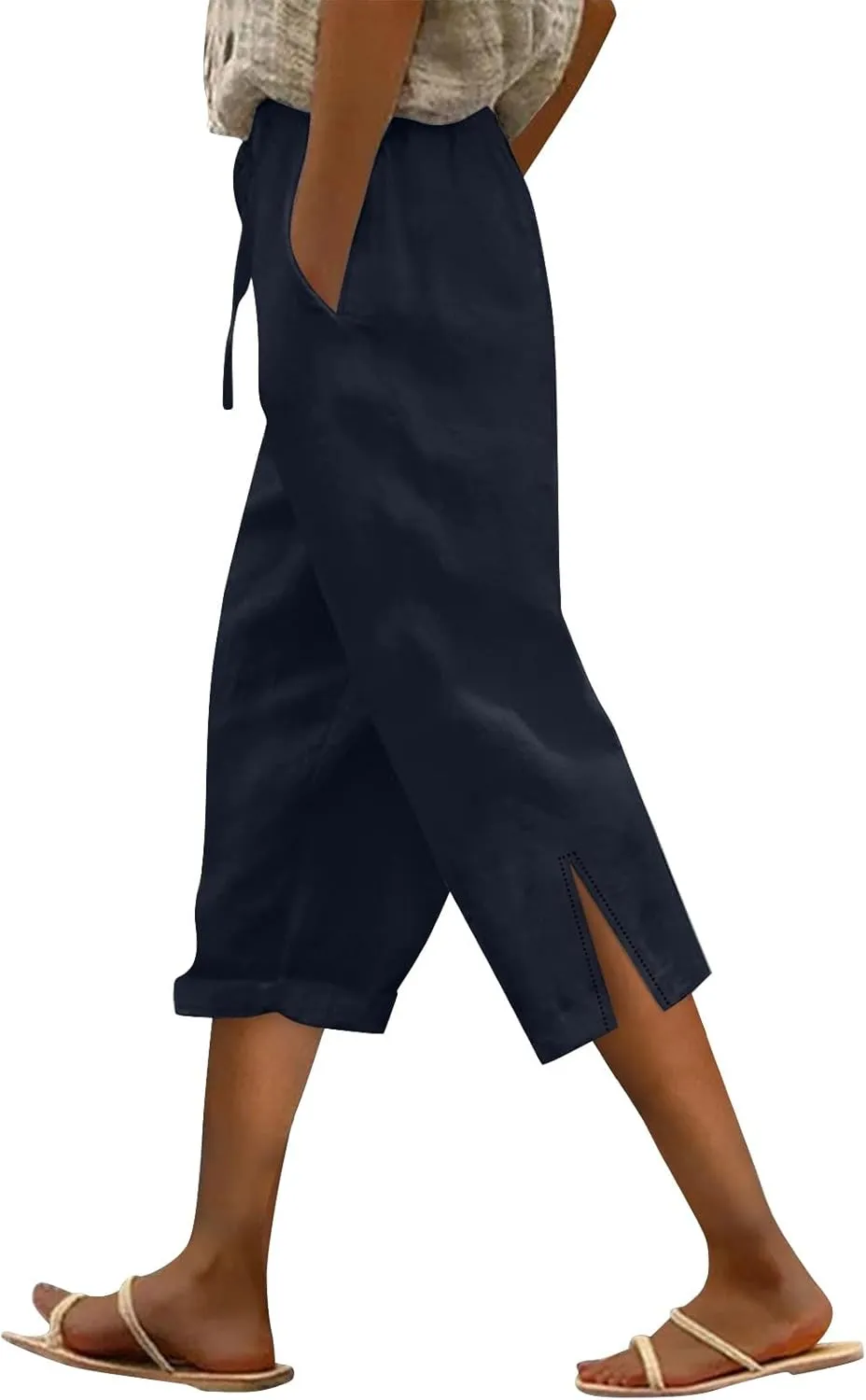 Linen Capri Pants for Women 2025 Summer Casual Slit Hem Trousers Loose Fit Plus Size Pant Drawstring with Pockets