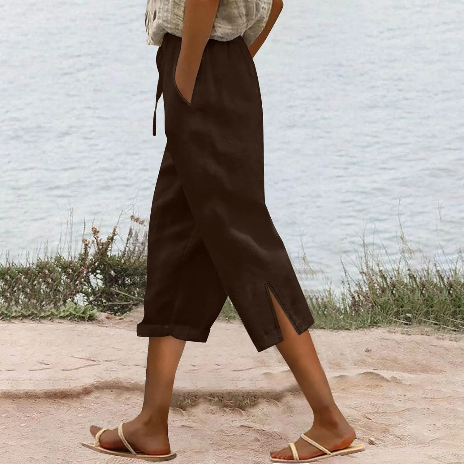 Linen Capri Pants for Women 2025 Summer Casual Slit Hem Trousers Loose Fit Plus Size Pant Drawstring with Pockets