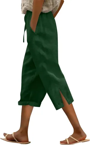 Linen Capri Pants for Women 2025 Summer Casual Slit Hem Trousers Loose Fit Plus Size Pant Drawstring with Pockets