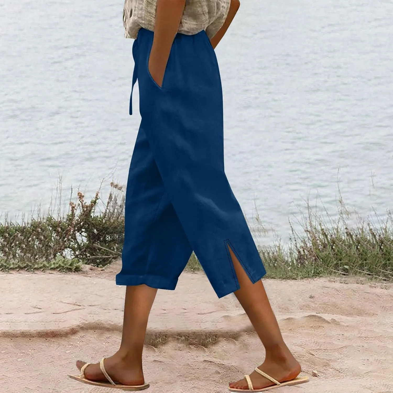Linen Capri Pants for Women 2025 Summer Casual Slit Hem Trousers Loose Fit Plus Size Pant Drawstring with Pockets
