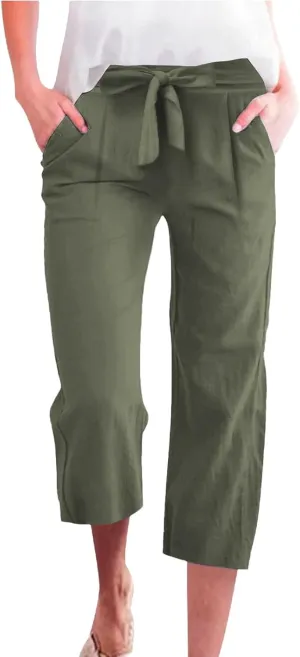 Linen Capri Pants for Women Casual 2025 Summer Drawstring Elastic High Waist Pant Loose Wide Leg Cropped Trouser