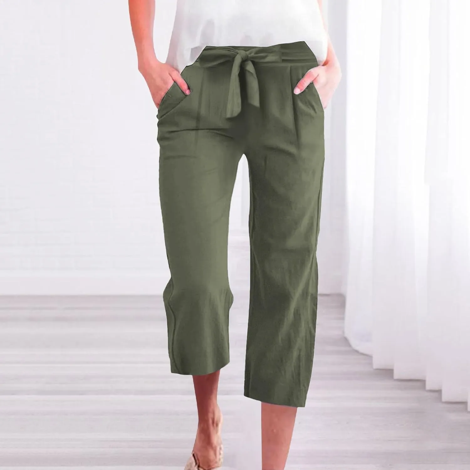 Linen Capri Pants for Women Casual 2025 Summer Drawstring Elastic High Waist Pant Loose Wide Leg Cropped Trouser