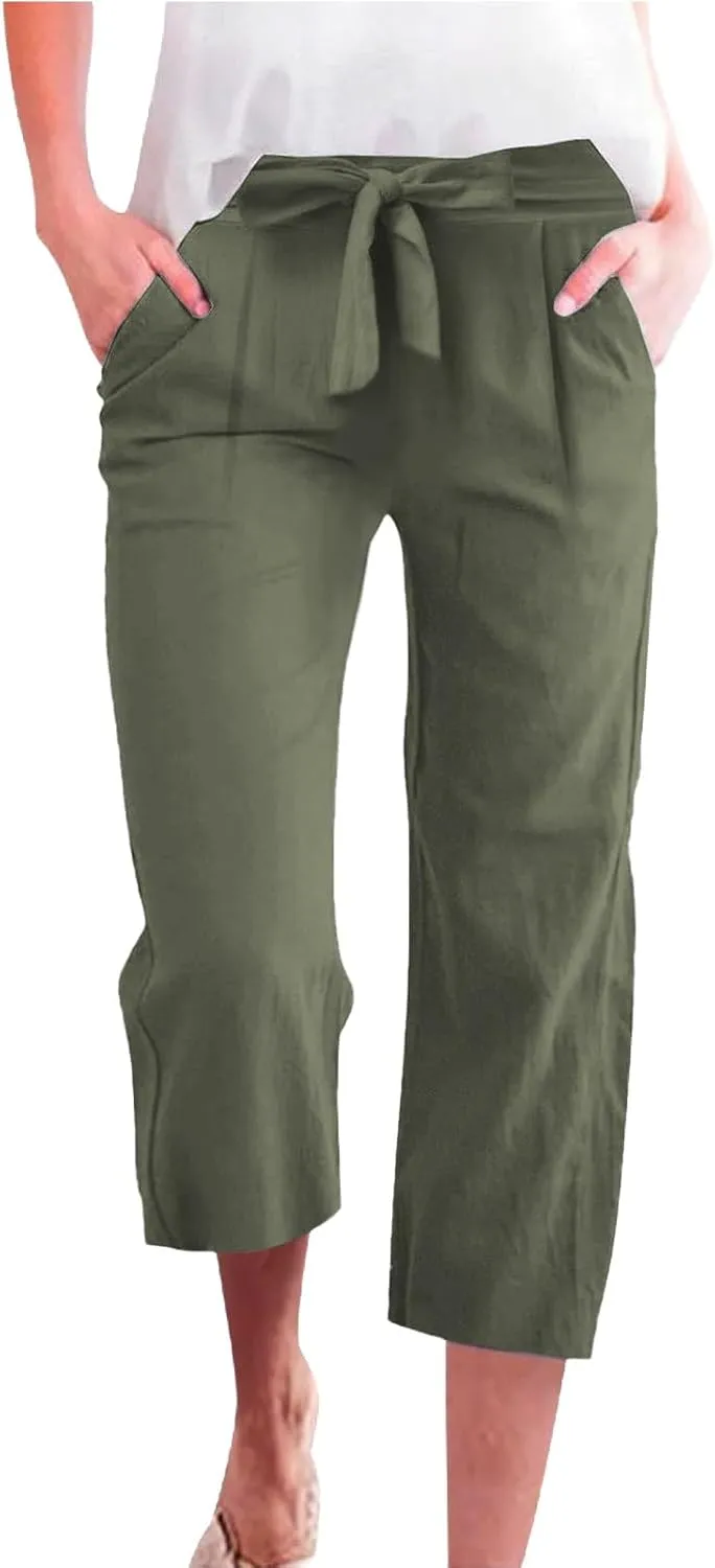 Linen Capri Pants for Women Casual 2025 Summer Drawstring Elastic High Waist Pant Loose Wide Leg Cropped Trouser