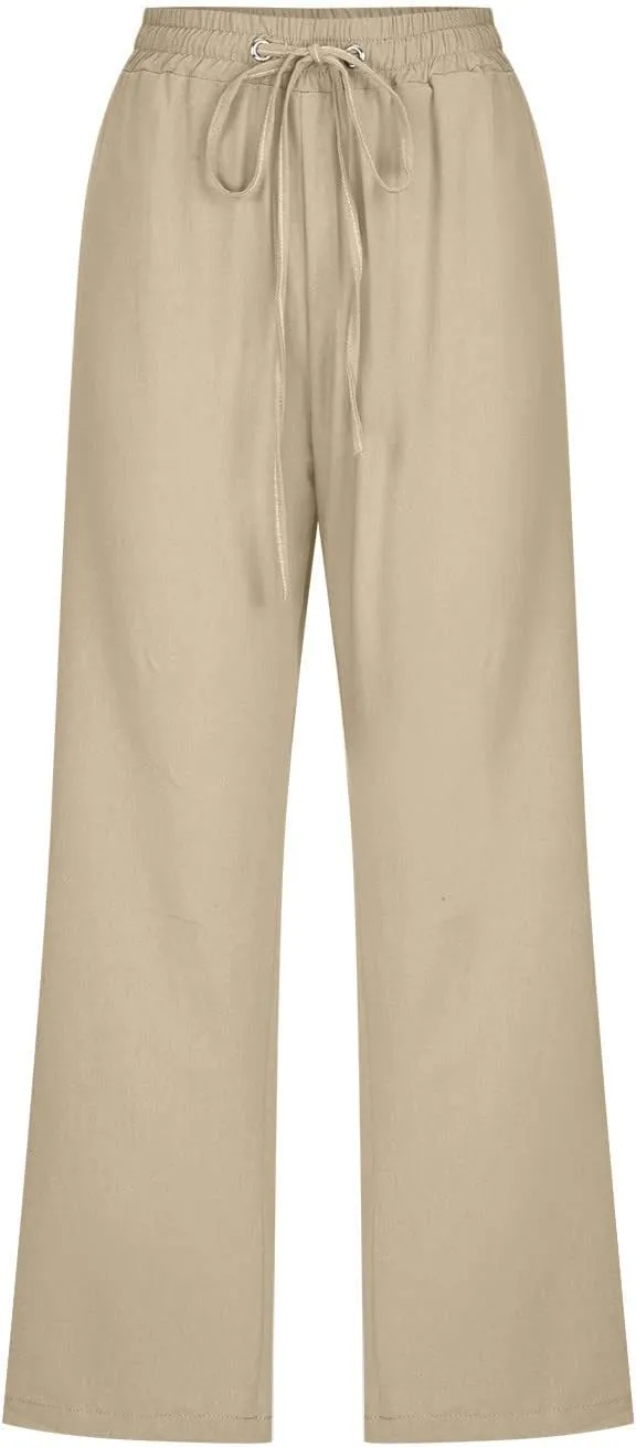 Linen Capri Pants for Women Casual Summer Capris Drawstring Wide Leg Trousers Plus Size Beach Pants with Pockets