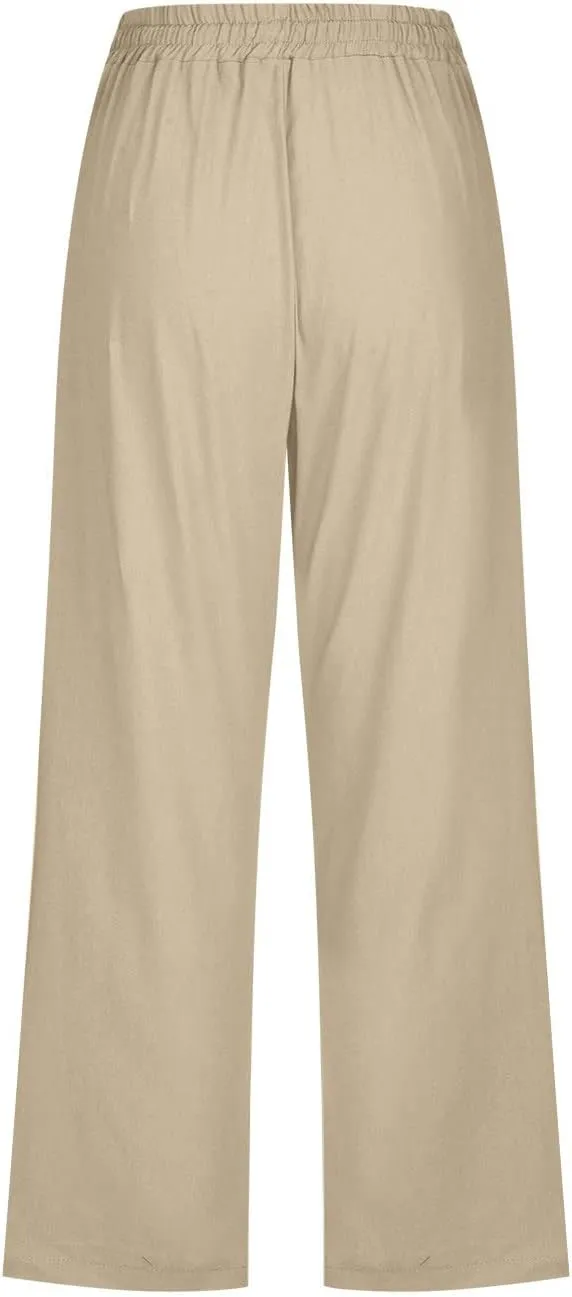 Linen Capri Pants for Women Casual Summer Capris Drawstring Wide Leg Trousers Plus Size Beach Pants with Pockets