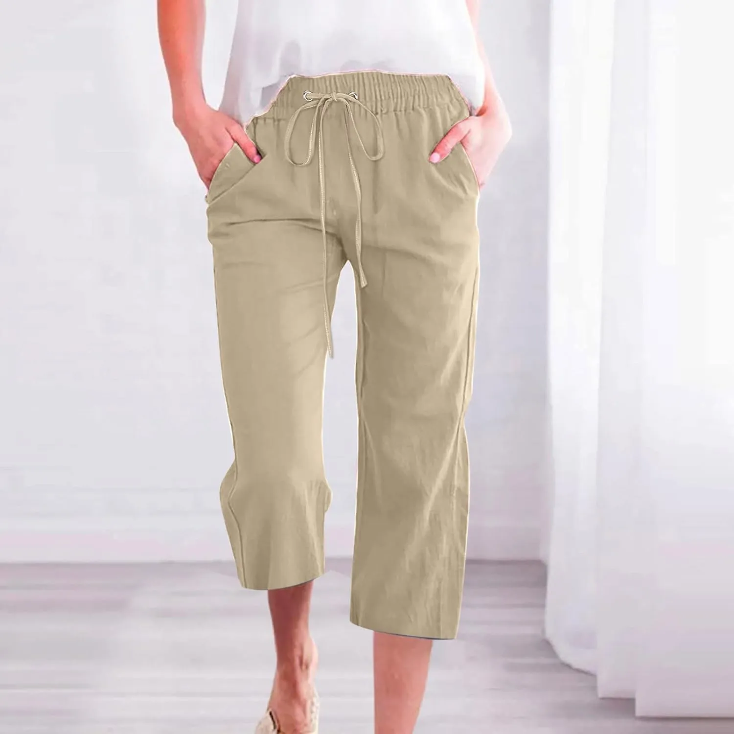 Linen Capri Pants for Women Casual Summer Capris Drawstring Wide Leg Trousers Plus Size Beach Pants with Pockets