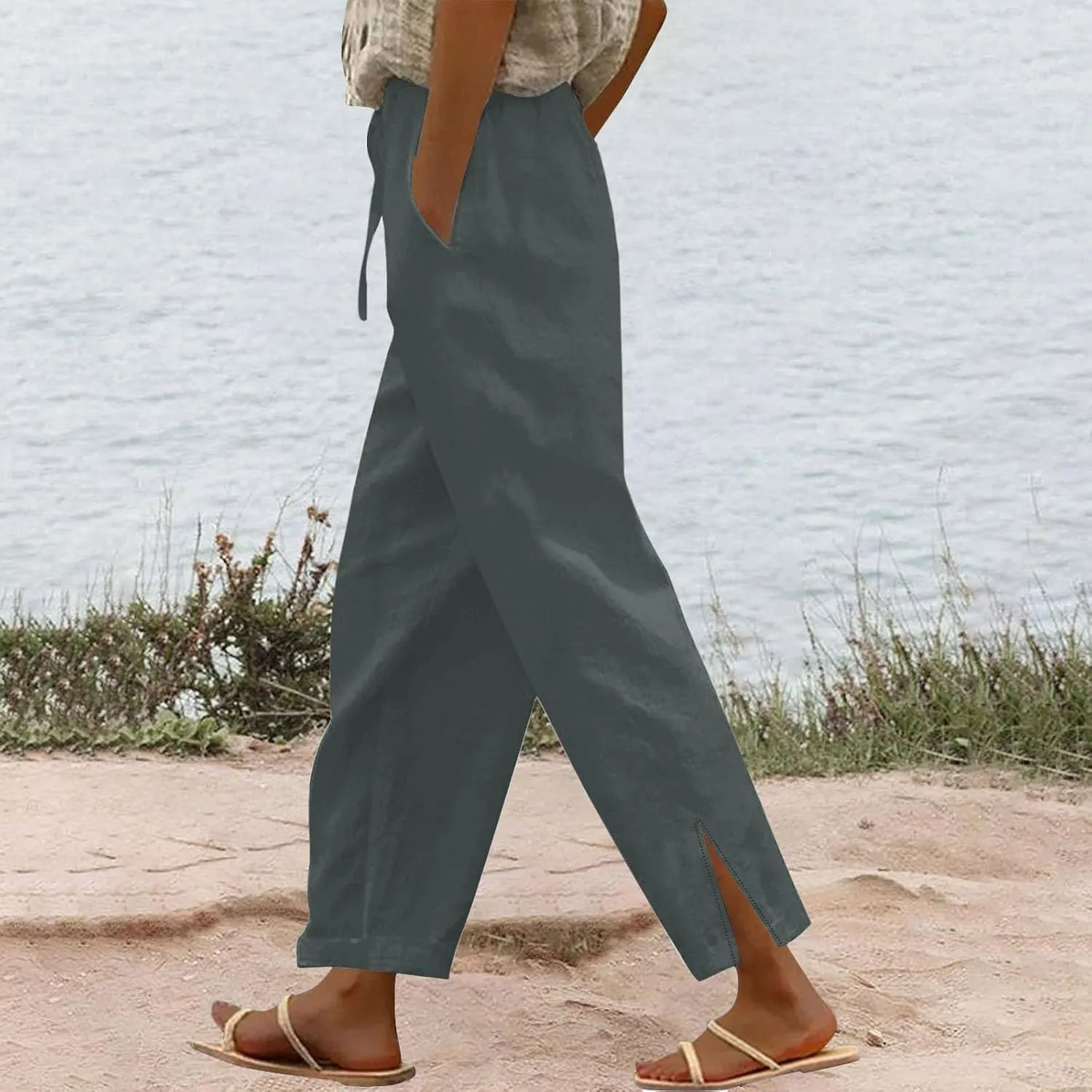 Linen Pants Women Casual Side Split Capri Pants Summer Beach Drawstring Elastic Waist Cropped Trousers with Pockets