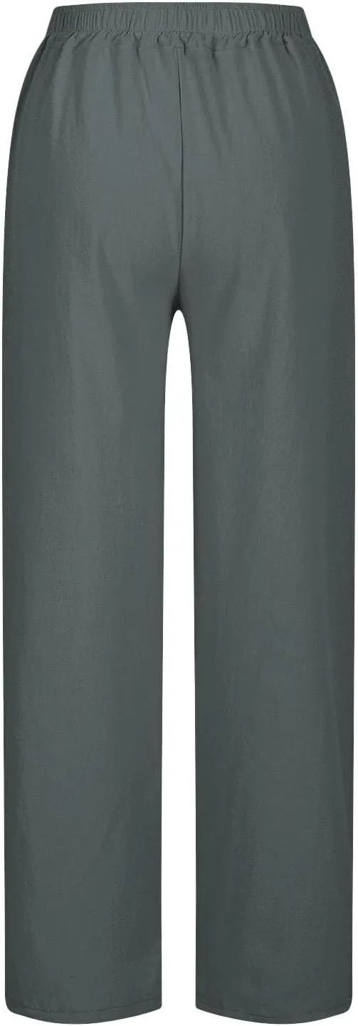 Linen Pants Women Casual Side Split Capri Pants Summer Beach Drawstring Elastic Waist Cropped Trousers with Pockets