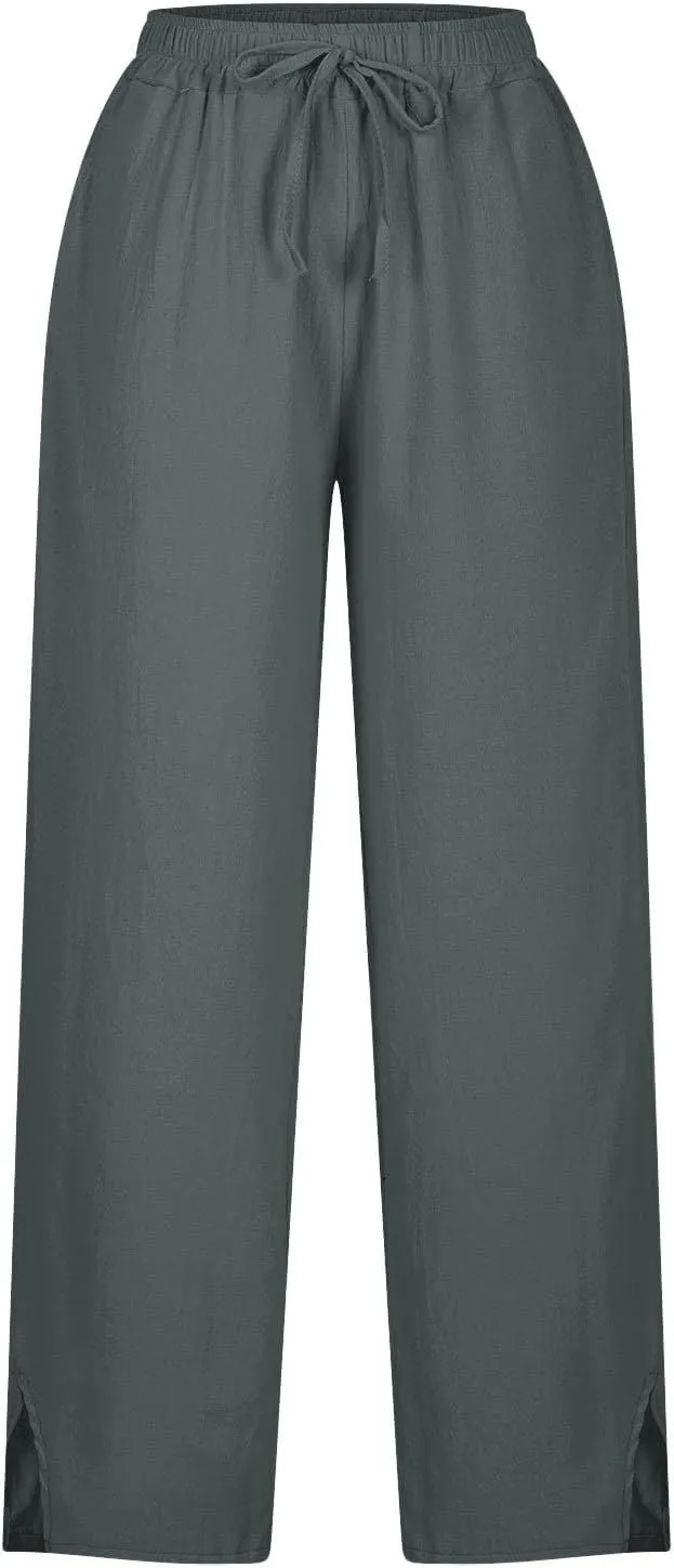 Linen Pants Women Casual Side Split Capri Pants Summer Beach Drawstring Elastic Waist Cropped Trousers with Pockets