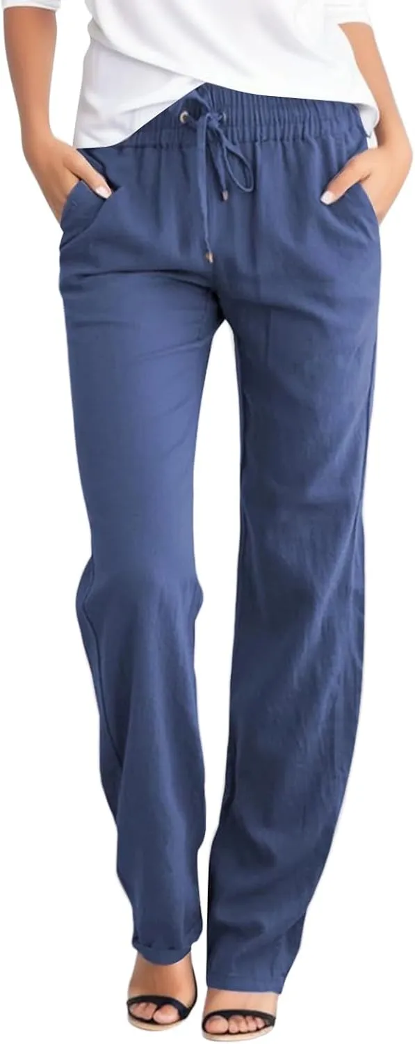 Linen Pants Women Straight Leg Drawstring Casual High Waisted Pants Loose Fit Summer Pant with Pockets Lounge Trousers