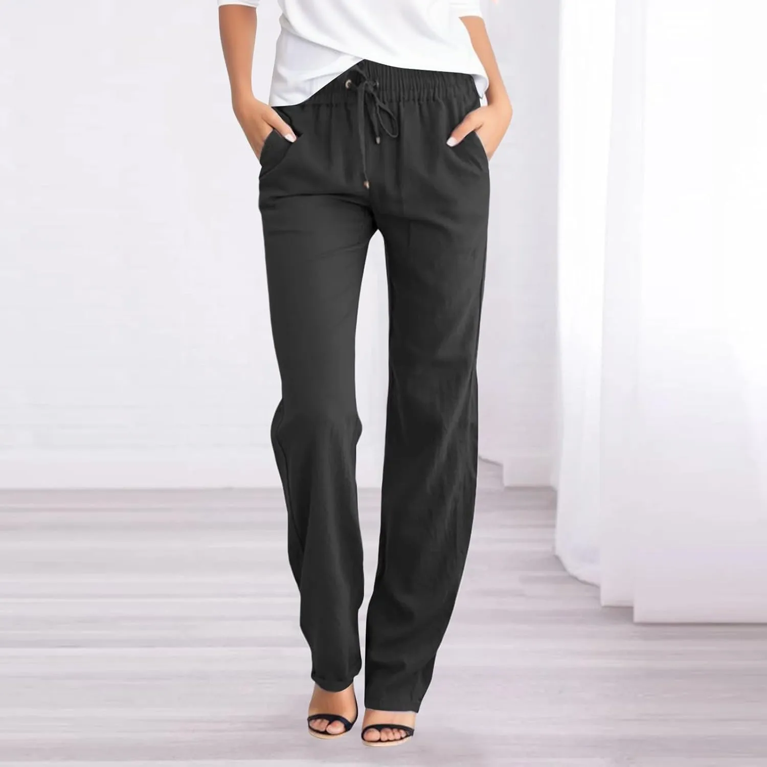 Linen Pants Women Straight Leg Drawstring Casual High Waisted Pants Loose Fit Summer Pant with Pockets Lounge Trousers