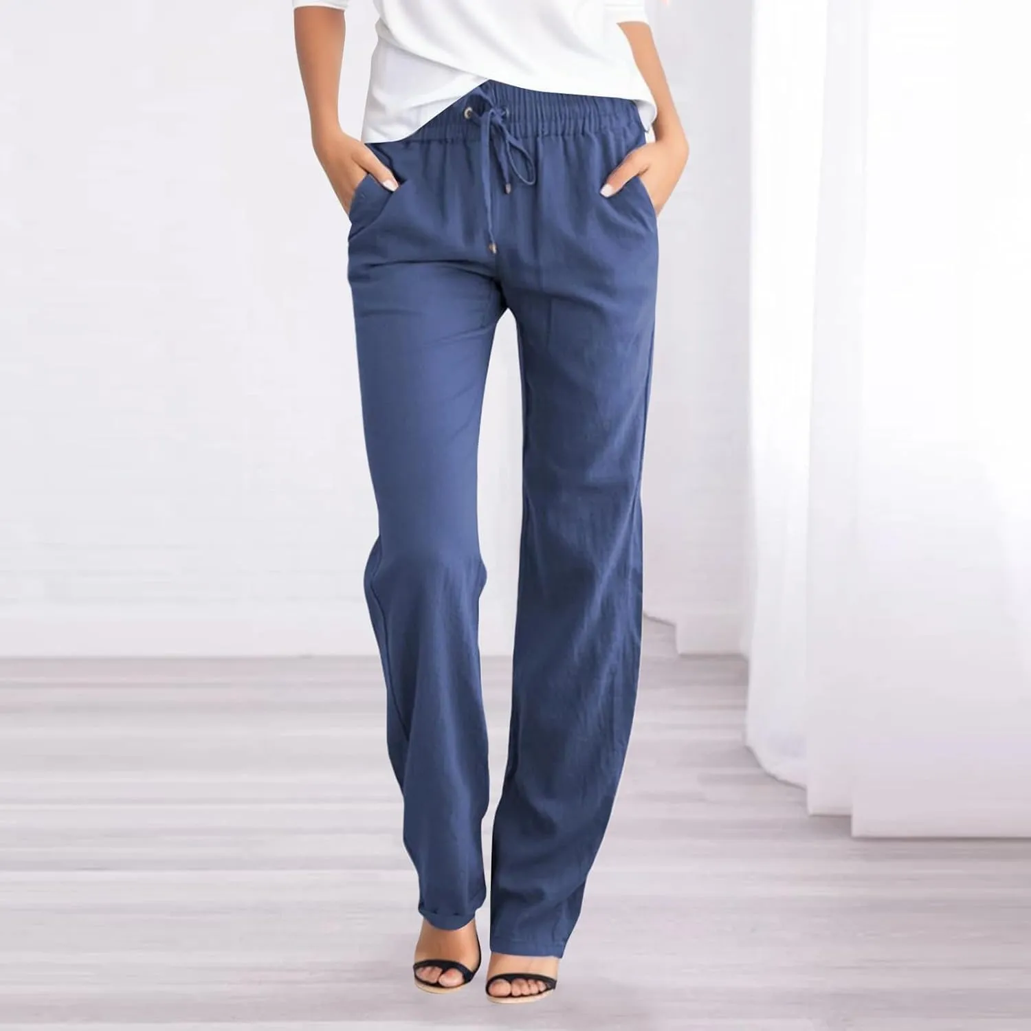 Linen Pants Women Straight Leg Drawstring Casual High Waisted Pants Loose Fit Summer Pant with Pockets Lounge Trousers